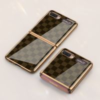 ◕ Striped Checkered Case Plating Hard Phone Cover for Samsung Z Flip 5G Tempered Glass Case for Samsung Galaxy Z Flip Case Shell