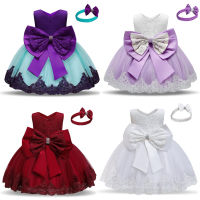 1 Year Baby Girl Birthday Party Dress for Newborn Girls Clothes Big Bowknot Baby Girl Infant Christending Gown Match Headwear