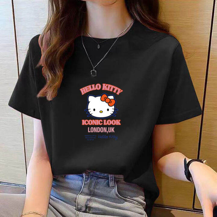 เสื้อยืดคอกลมสำหรับผู้หญิงแขนสั้นพิมพ์ลายการ์ตูนสีดำลำลองใหม่สำหรับฤดูร้อนเสื้อยืดหลวมแฟชั่นสำหรับผู้หญิงเรียบง่ายไซส์ใหญ่พิเศษ