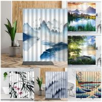 Chinese Ink Landscape Shower Curtain Set Forest Mountain 3D Abstract Bathroom Decor Polyester Fabric Bathtub Curtains with Hooks