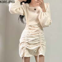 Korejpaa Elegant Women Dress Autumn  Casual Square Collar Puff Sleeve High Waist Drawstring Solid Color Mini Dresses New