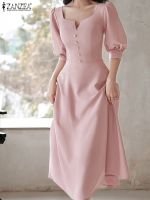 【HOT】☏ ZANZEA Neck Vestidos Half Sleeve Buttons Waisted Dresses Korean Robes