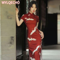 Cheongsam สีแดง2023ใหม่หญิงฤดูร้อนสไตล์หนุ่มทุกวันย้อนยุคสไตล์จีนที่ดีขึ้นชุดยาวสง่างาม