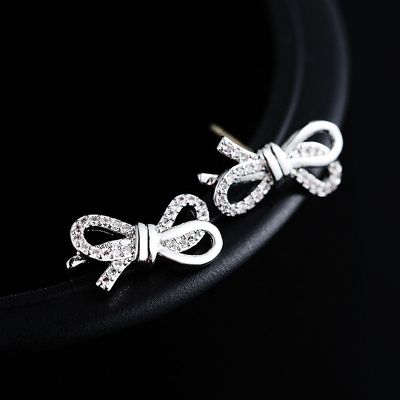 Delicate Silver Color Bow Tie Cubic Zirconia Earrings Crystal Geometric Bowknot Shape Stud Earrings For Women Fashion Korean