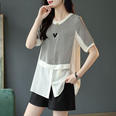 Korean Style Womens Striped Stitching T-shirt New Design Round Neck Summer Short Sleeve Fashion Chiffon Shirt Trend