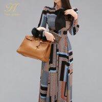 ☼♛□ H Han Queen Vintage Print Elegant Long Dress Women 2019 Spring Single-breasted Shirt Dresses Waist Swing Ankle-length Vestidos