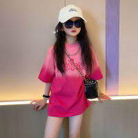 PearlPiggy เสื้อยืดฤดูร้อนสำหรับเด็กผู้หญิง,เสื้อยืดสไตล์ใหม่2023ขนาดกลางและยาวตัวอักษรค่อยๆเปลี่ยนสีตามแฟชั่นสตรีทเสื้อ6 PP064