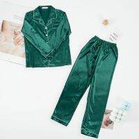 【LZ】◕  Conjunto de pijamas de cetim de seda falso feminino pijamas de manga comprida sleepsuits sedosos confortável adequado para a pele outono 2 peças