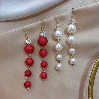 Red Color Imitation Pearl Long Drop Earrings For Women 2021 New Trend Hanging Earrings Bridal Wedding Engagement Party Jewelry