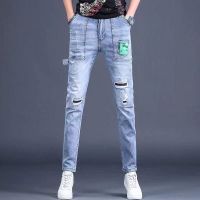 Spot high quality] Chao nd mens wear spring and autumn new patch jeans mens tide card slim straight trousers trend embroidered stretch pants