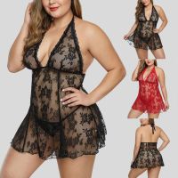 ZZOOI Maxi Size  Costumes Women Dress Sexy Lingerie V-neck Backless Halter Babydoll Sexy Underwear Lace Nightdress + Tong