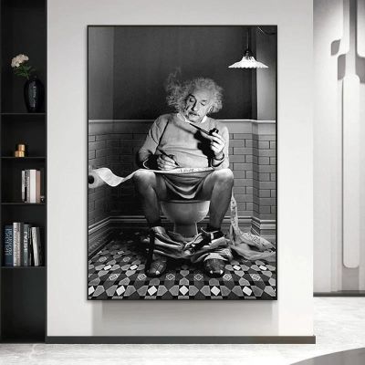 ▤◊❦ Einstein นั่งอยู่บนห้องน้ำอ่านหนังสือพิมพ์โปสเตอร์สีดำสีขาวการถ่ายภาพภาพวาดผ้าใบ Wall Art รูปภาพสำหรับตกแต่งบ้าน