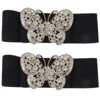 2X Women Rhinestones Accent Butterfly Hook Buckle Black Elastic Cinch Waist Belt