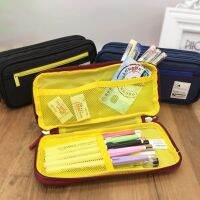 Portable 2-Layer Pencil Case Stationery Bag Zipperd Pockets Mesh Pockets Portable Travel Toiletries Bag Desk Pen Holder