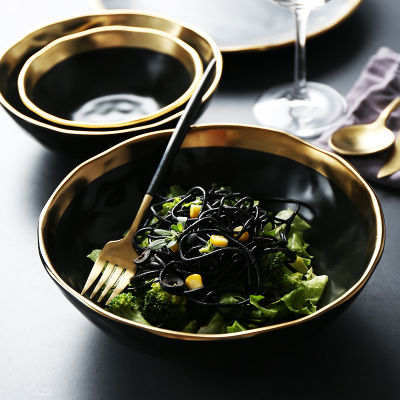 1pc Minimalist Dinner Bowl Black Gold Ceramic Rice Bowl with Golden-edge Dinnerware Soup Noodle Decorative Bowl