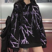 NiceMix Winter WomenS Korean Harajuku Streetwear Dark Lightning Print Hooded Sweatshirt Fashion Loose WomenS Sweatshirt