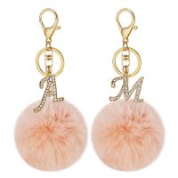 New 26 Letter Rhinestone Alloy Keychain Charm Girls Pink Pompom Key Ring Car Key Holder Women Bag Ornaments Accessoreis Gift