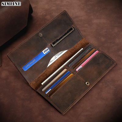 （Layor wallet）  SIMLINE 100หนังแท้ผู้ชาย39; S กระเป๋าสตางค์จริง Cowhide วินเทจธุรกิจยาวพับบางชายกระเป๋าผู้ถือบัตรเครดิตกระเป๋าเงิน