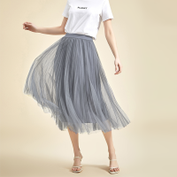 Spring Silver Gray Long Mesh Skirt Office Lady England Korean Style Elastic Waist Basic Grey Accordion Pleated Skirts