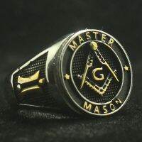 {BUSA Fashion Accessories} 316L สำหรับผู้ชายสแตนเลสสตีล Cool Golden Master Mason Star Cool ใหม่ล่าสุด Ring