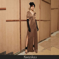 [Kwankao] Brown Fish Dress เดรสยาวสีน้ำตาลคอวี ผ่าหน้า