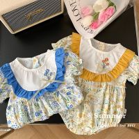 ✽ 2023 Summer Baby Girl Romper Cotton Floral Patched Bibbed Ruffles Embroidery Round Collar Jumpsuit Lantern Sleeve Onepiece