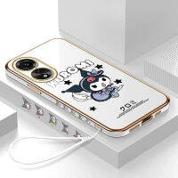 GGK สำหรับ OPPO A78 4G ฟรีสายคล้องลายการ์ตูนน่ารักของเด็กสาว Kuromi เคสขอบสี่เหลี่ยมลวดลายเคสโทรศัพท์ชุบหรูหราเคสโทรศัพท์นิ่ม