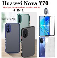 (4 In 1) สำหรับ Huawei Nova Y70 Y70 Plus Y90 ผิว Frosted เคสโทรศัพท์ + กระจกนิรภัย + ฟิล์ม + ฟิล์ม Huawei Nova 9SE Nova 8i-Sensing โทรศัพท์กรณี