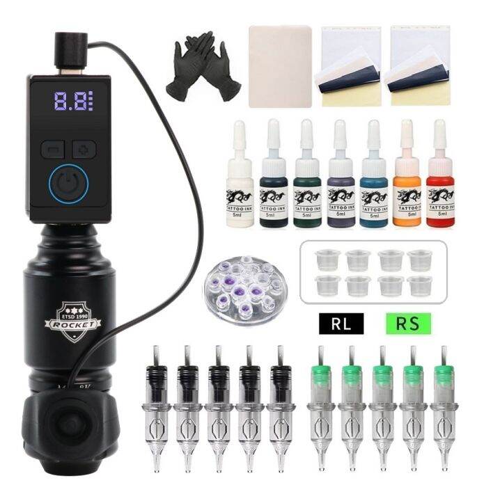 professional-rocket-tattoo-machine-set-wireless-tattoo-power-supply-with-10pcs-cartridge-needles-rca-interface-rotary-tattoo-kit