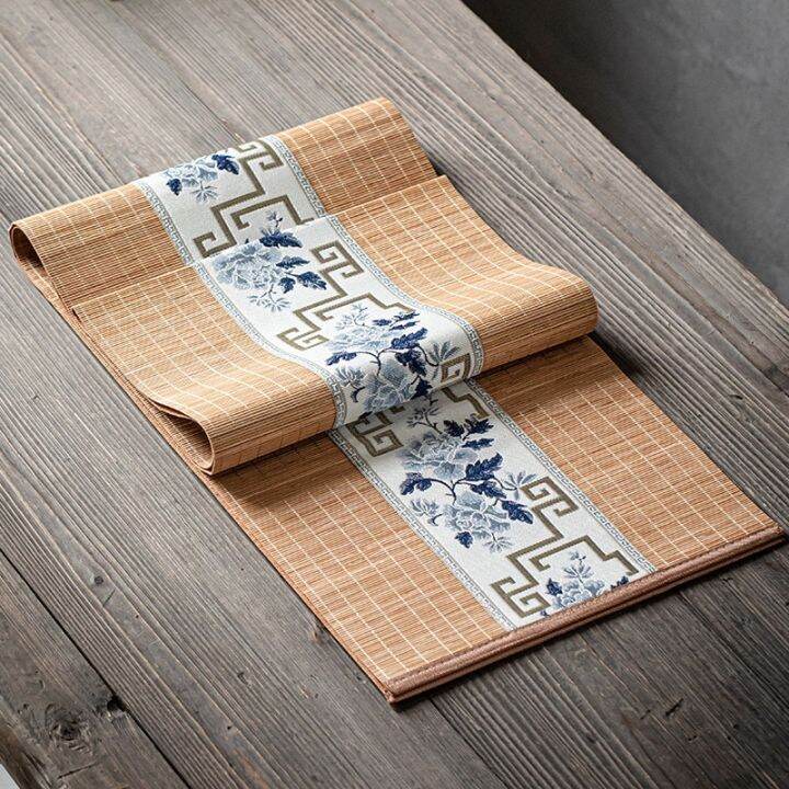 Classical Embroidered Natural Bamboo Tea Mat Chinese Style Coffee Tea
