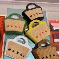 2022 Summer Marniˉ straw woven vegetable basket bag splicing cowhide woven beach bag messenger bag