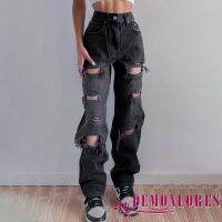 DEMQ-Women’ s Ripped Jeans Long Pants Hollow Out Pants