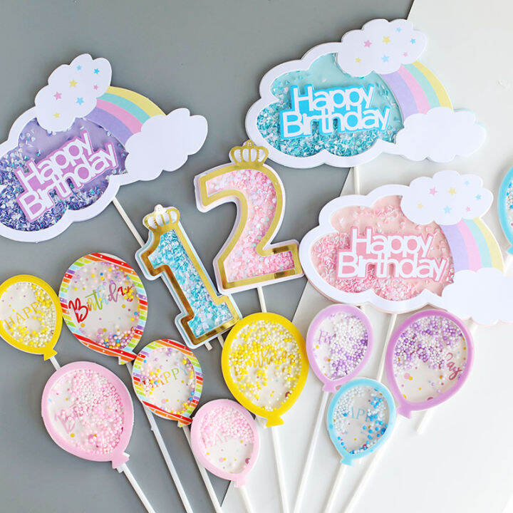 Blue Pink 1 2 3 4 Cake Topper Glitter Rainbow Cupcake Toppers Happy