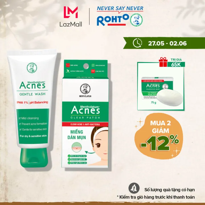 Bộ sản phẩm Acnes sạch mụn sưng đỏ (da khô/da nhạy cảm) (Gel rửa mặt Acnes Gentle Wash 100g + Miếng dán mụn 3 tác động Acnes Clear Patch 24 miếng)…