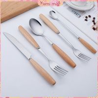 Yumi ชุด มีด ช้อน ส้อม ตะเกียบ วัสดุสแตนเลสและไม้ ช้อนส้อมด้ามไม้ Stainless steel cutlery