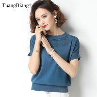 ▨♘ Flowers Hollow Out Short Sleeve Pullover Cotton Eyelet Elasticity O-Neck Sweater Female Knitted