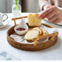 Hand Woven Rattan Storage Tray for Bread Handmade Vine Wicker Basket with Handle Serving Baskets Tray for Fruit Tea Home Supply