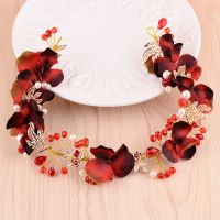 Artificial Flower Hairband Wedding Tiaras For Women Red Floral Pearl Headband Elegant Girls Hair Hoop Bridal Headwear Jewelry