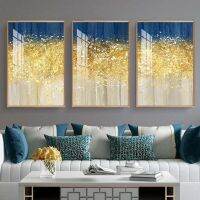 Modern Abstract Wall Art Pictures - Abstract Gold Foil Canvas Painting In Blue Style-โปสเตอร์และพิมพ์สำหรับห้องนั่งเล่นตกแต่งบ้าน