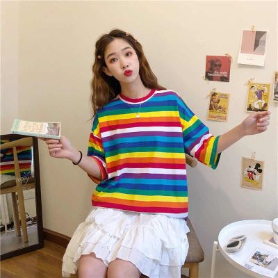 💙YUI💙  สินค้าใหม่จ้า ##  เสื้้อยืดลายทางเล็กสีรุ้งสดใส สไตร์เกาหลี Oversize #009