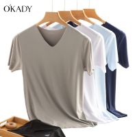 ♛❇❅ OKADY เสื้อยืดแขนสั้นผู้ชายฤดูร้อนใหม่สีทึบผ้าไหมน้ำแข็งเย็นแขนสั้นบางระบายอากาศแฟชั่นเสื้อยืดคุณภาพสูง