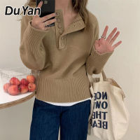 Du YAN เสื้อสเวตเตอร์ผู้หญิง,เสื้อสเวตเตอร์ผู้หญิงย้อนยุคเรียบง่ายอเนกประสงค์มีกระดุมคอกลมแขนยาวเสื้อกันหนาวแบบถักทำด้วยขี้ผึ้งอ่อนนุ่ม