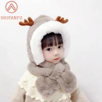 SHIPANFU ฤดูหนาว สะดวกสบาย เขากวาง แคชเมียร์ เด็ก อุปกรณ์ป้องกันหู หมวกตุ๊กตาคริสต์มาส หมวกเด็กทิ้งระเบิด ด้วยผ้าพันคอ หมวกเกาหลี