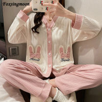 Womens Cotton Pajamas Suit Cute Cartoon V-neck Cardigan Long Sleeve Sleepwear Underwear Plus Size Home Clothes 2-piece Loungewea