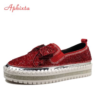 ┇♟▨ Aphixta Fashion Big Size 42 43 Flats Women Leather Loafers Flat Platform Wine Red Shoes Crystal Sequined Bow Casual Shoes