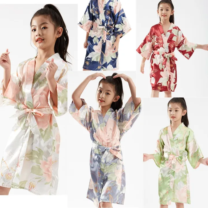Wholesale Link Children Bathrobes Kids Sleepwear Clothing Girls Stain Silk Kimono Peony Flower