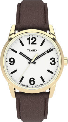 Timex Mens Easy Reader Bold 38mm Watch – Gold-Tone Case White Dial with Brown Leather Strap