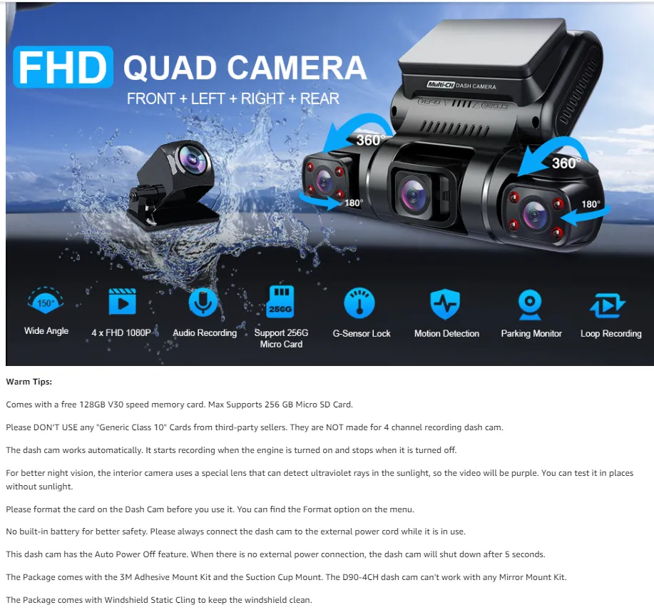 PRUVEEO Dash Cam, 4 Channel Camera FHD 1080Px4, Front, Left, Right