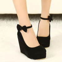 Women High Heels Shoes Plus Size Platform Wedges Female Pumps Elegant Flock Buckle Bowtie Ankle Strap Party Wedding Shoes