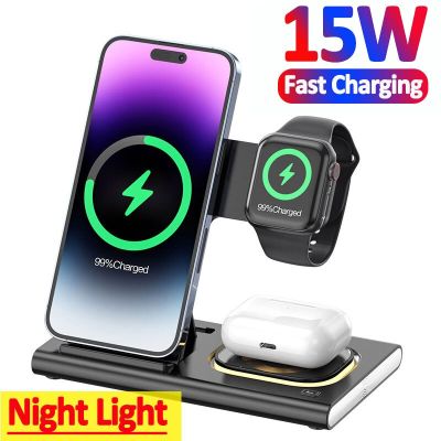 15W 3 in 1 Wireless Charger Stand For iPhone 14 13 12 11 Fast Foldable Charging Station Dock For Apple Watch 7 6 SE AirPods Pro